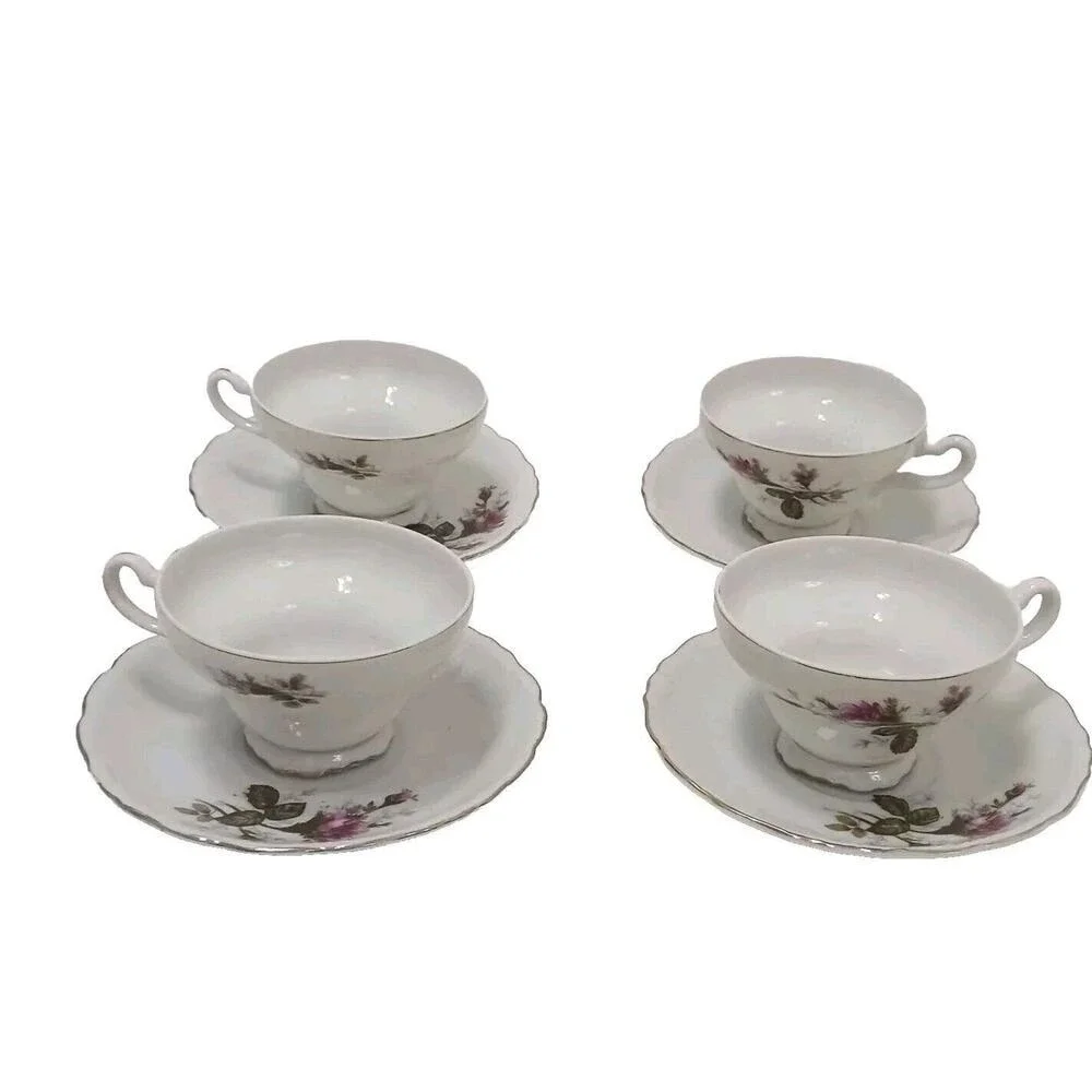 Japan Moss Rose 4 Tea Cup SET with Saucers Made In Handpainted Porcelain VINTAGE